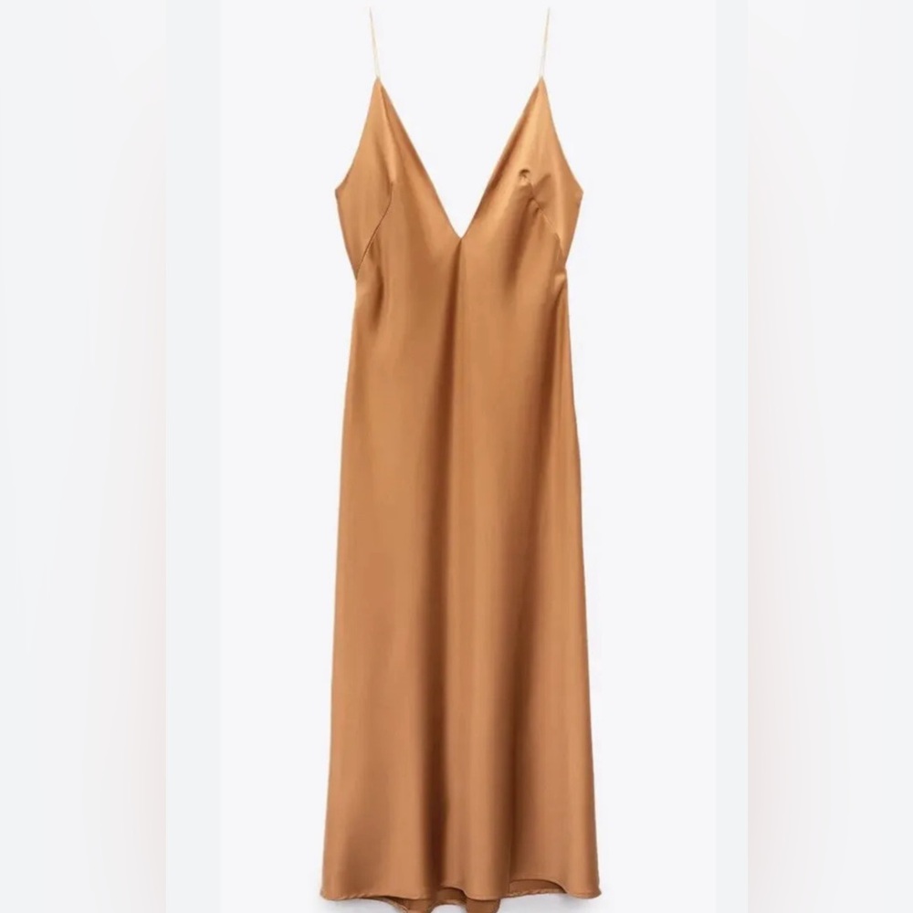 ZARA Woman’s V-Neck Thin Strap Long Satin Dress in Brown Satin